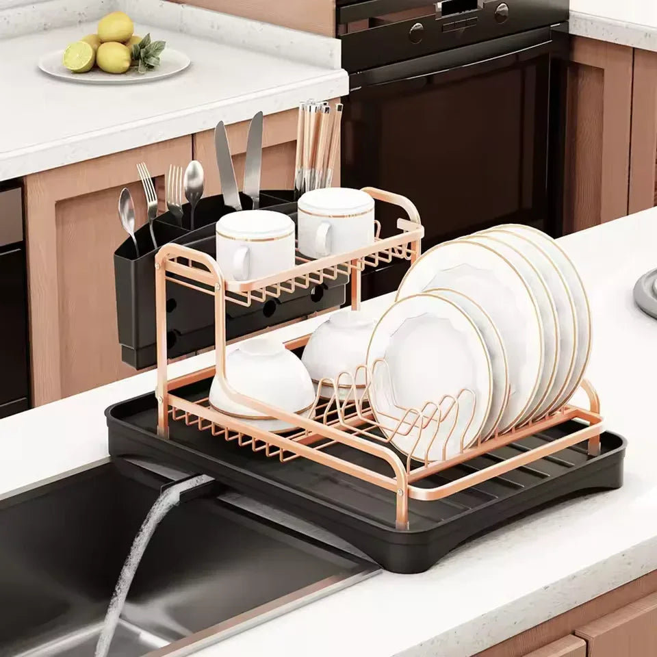 Dish Drying Rack with Cutlery Holder – Rose Gold