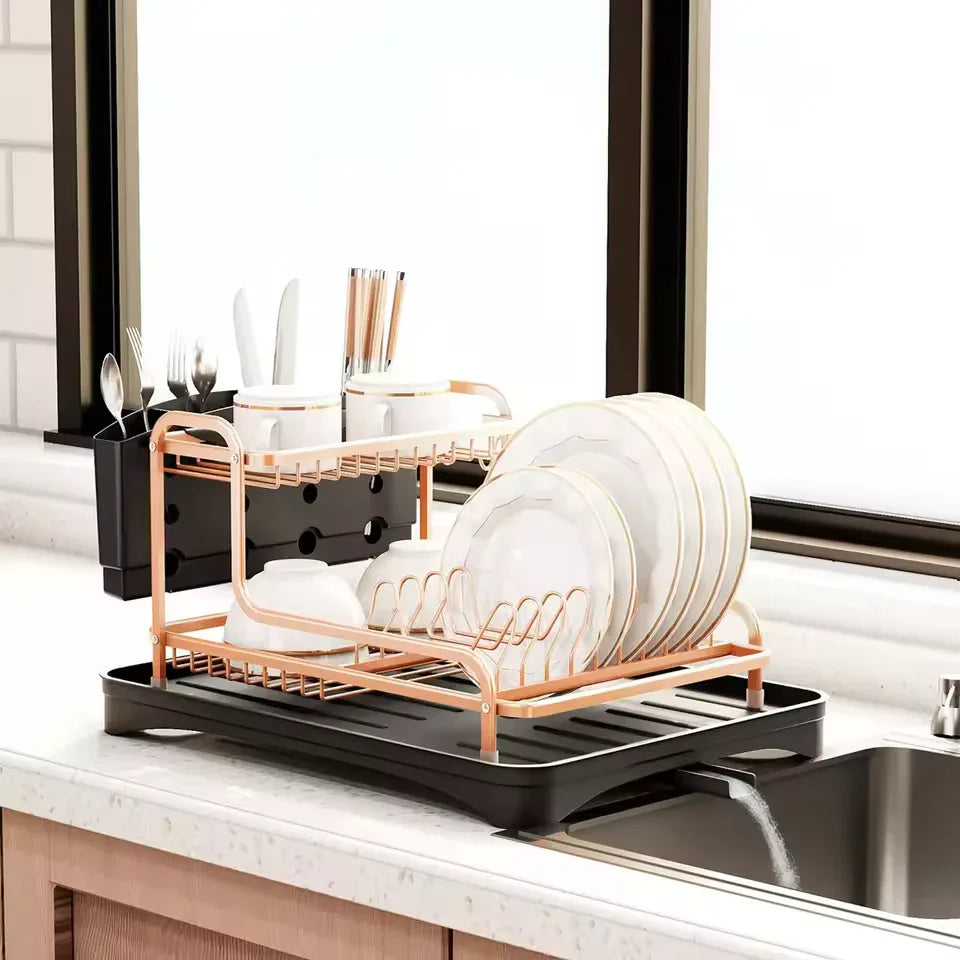 Dish Drying Rack with Cutlery Holder – Rose Gold