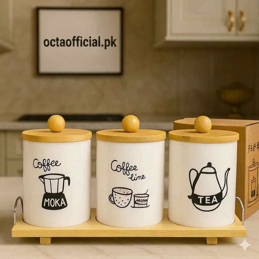 3 Pcs Ceramic Kitchen Jar Set – Bamboo Lid & Wooden Stand