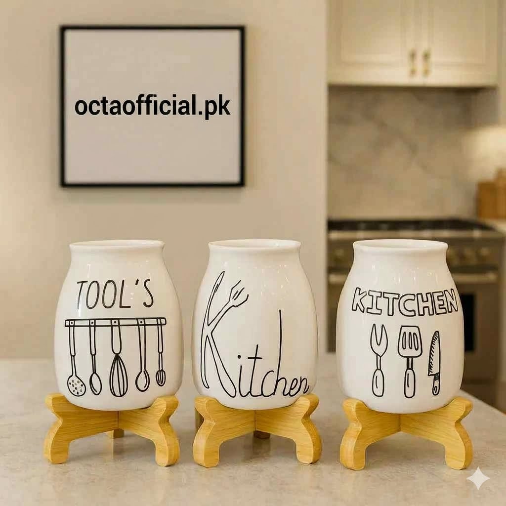 3 Pcs Ceramic Kitchen Storage Jar Set with Wooden Stand