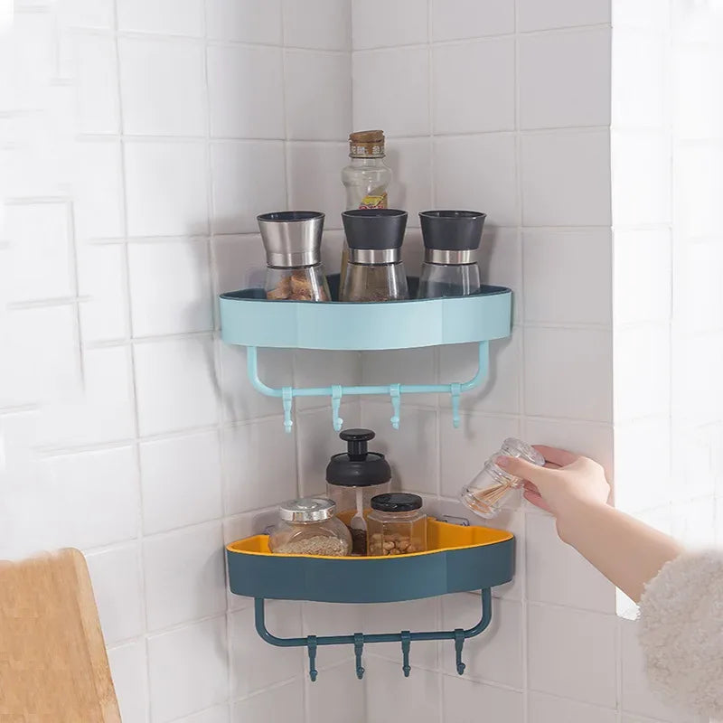 Wall-Mounted Corner Shower Shelf with Hooks