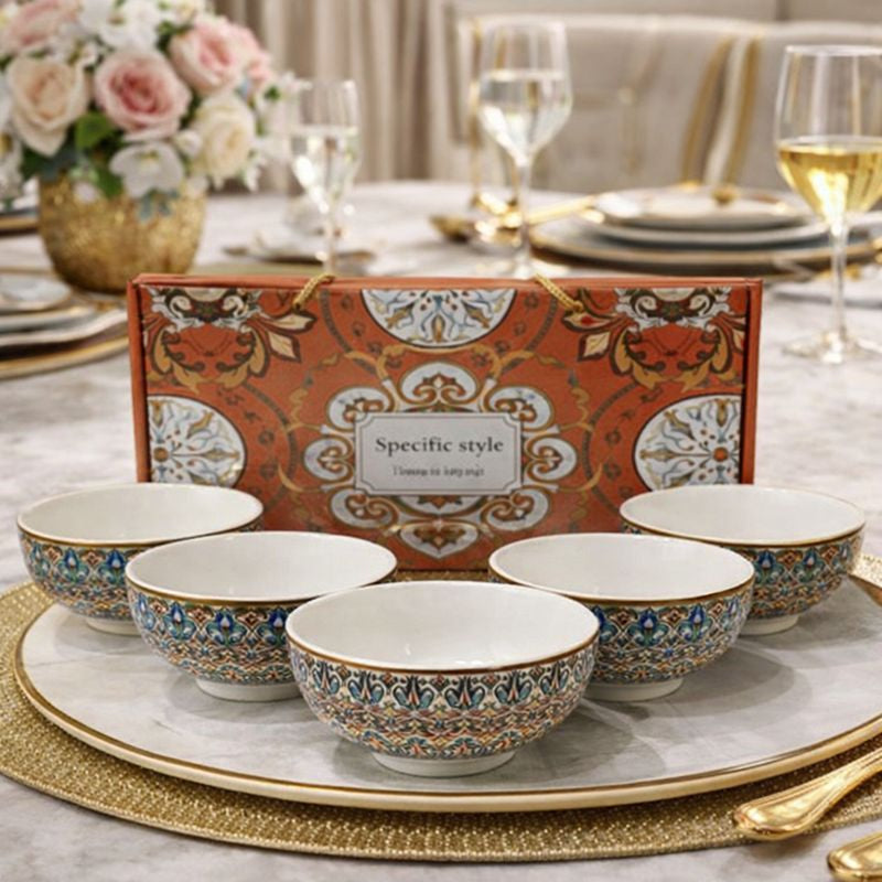 Premium 6 Pcs Bohemian Ceramic Bowl Set - Hand-Painted Gift Box