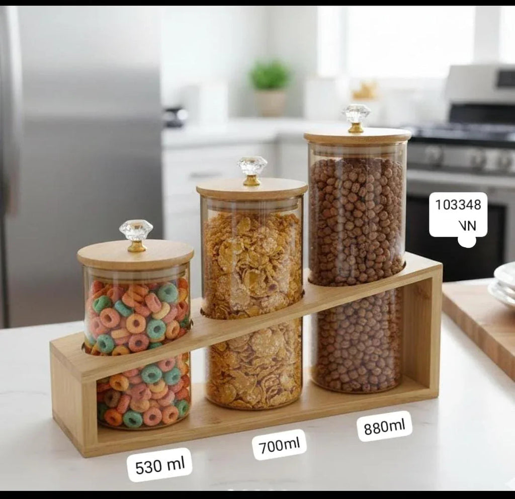 Premium Glass Storage Jar Set with Wooden Stand – Luxury Kitchen Organizer
