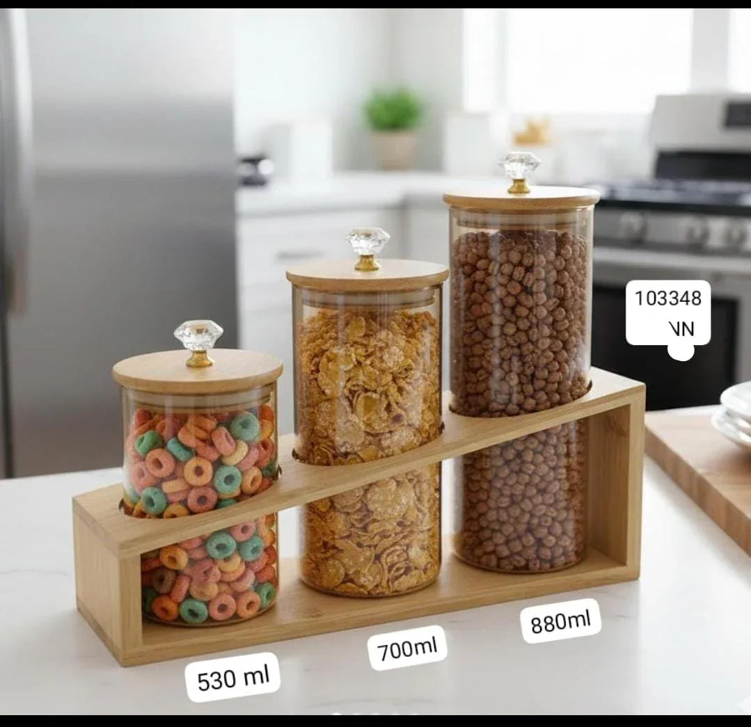 Premium Glass Storage Jar Set with Wooden Stand – Luxury Kitchen Organizer