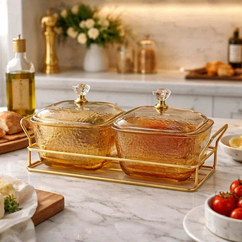 Glass Snack Bowls with Gold Stand – 2 Compartment