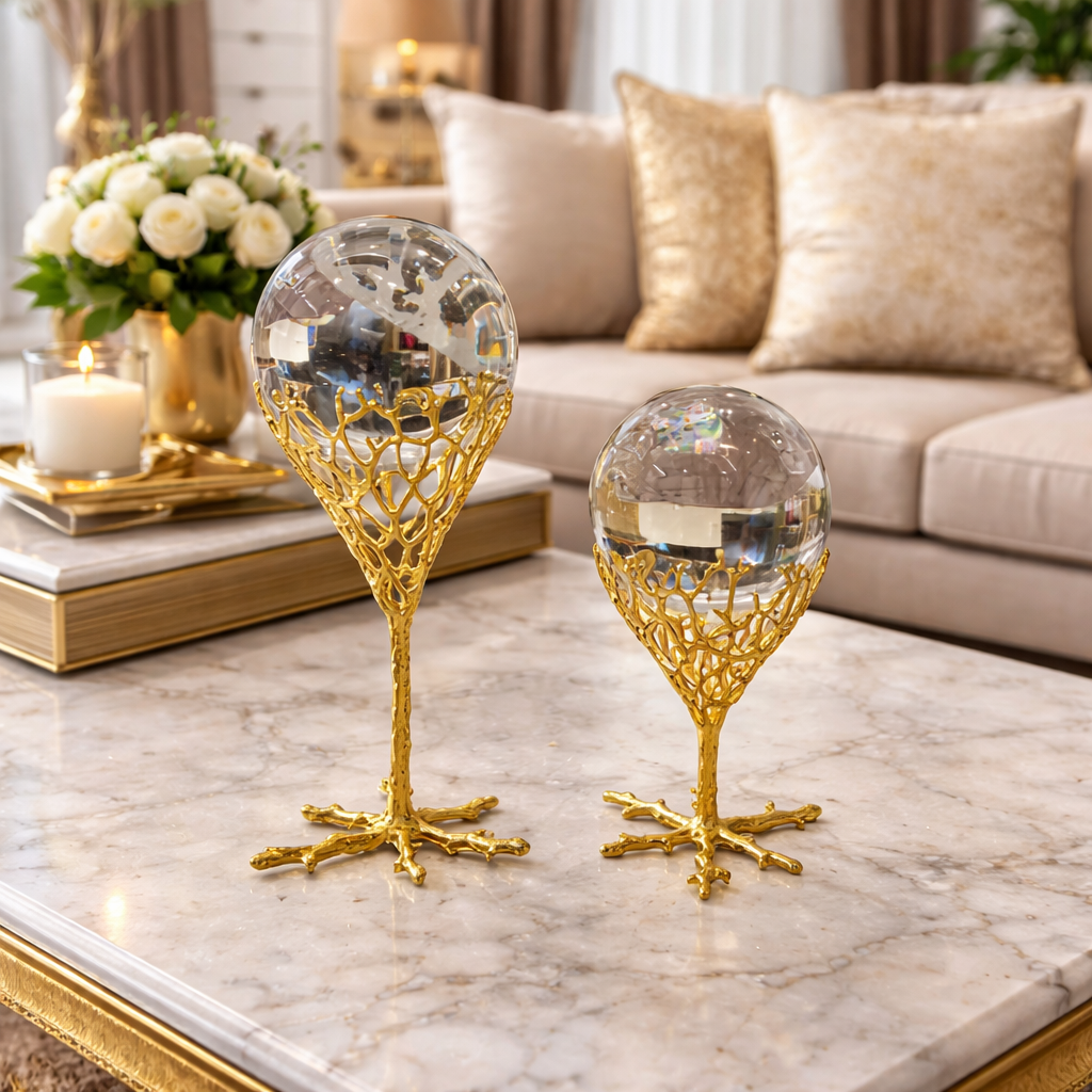 Golden Crystal Ball Showpiece – Luxury Celestial Duo (2pcs)