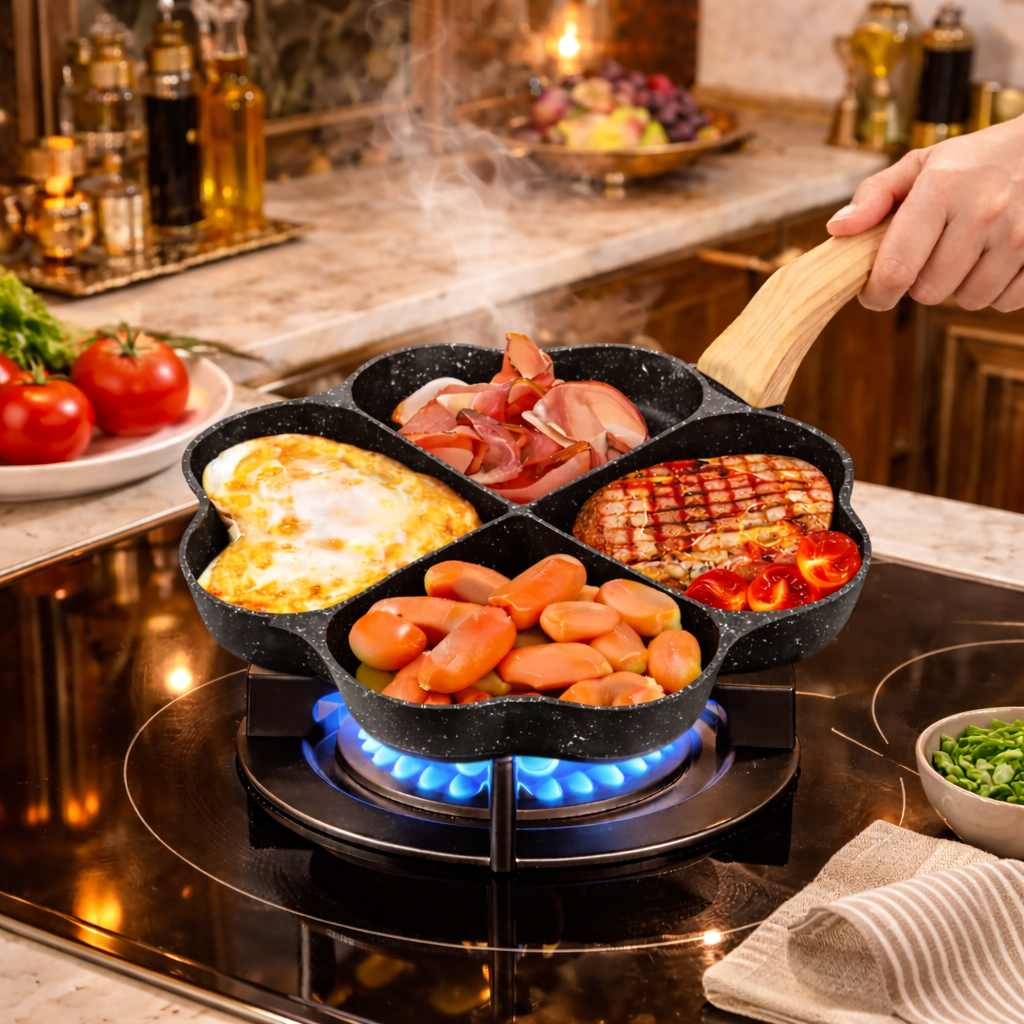 Premium 4-Hole Heart-Shaped Frying Pan – Nonstick Breakfast Station