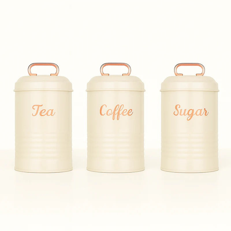 Vintage Metal Kitchen Canister Set – Tea, Coffee, & Sugar Trio