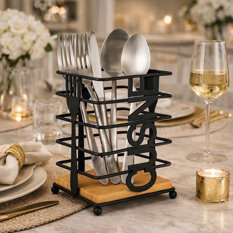 Modern Metallic & Oak Square Spoon Holder – Industrial-Chic Cutlery Organizer