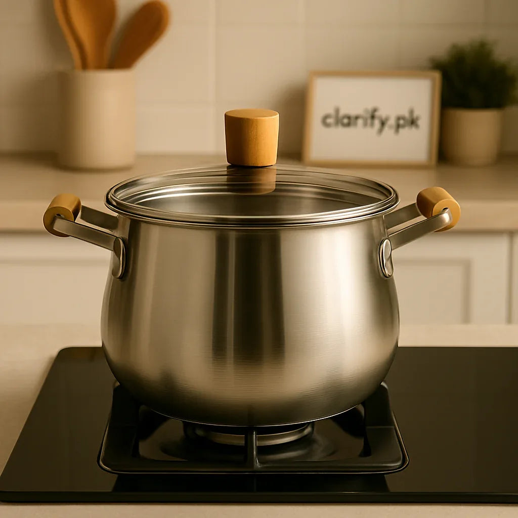 Elegant Stainless Steel Cook Pot – Wooden Grip Handles & Clear Lid