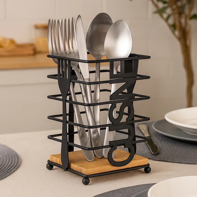 Modern Metallic & Oak Square Spoon Holder – Industrial-Chic Cutlery Organizer