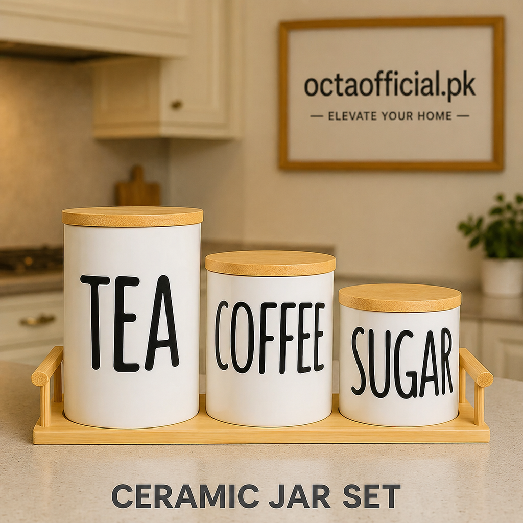 3 Pcs Ceramic Jar Set – Tea, Coffee & Sugar Storage Jars with Bamboo Lids & Wooden Tray