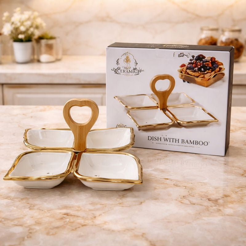 4-Compartment Gold-Trimmed Ceramic Serving Dish – Luxury Snack Platter with Heart-Shaped