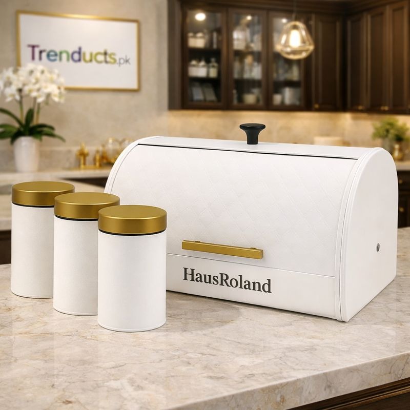 HausRoland Luxe Quilted Bread Bin & Canister Set – White & Gold