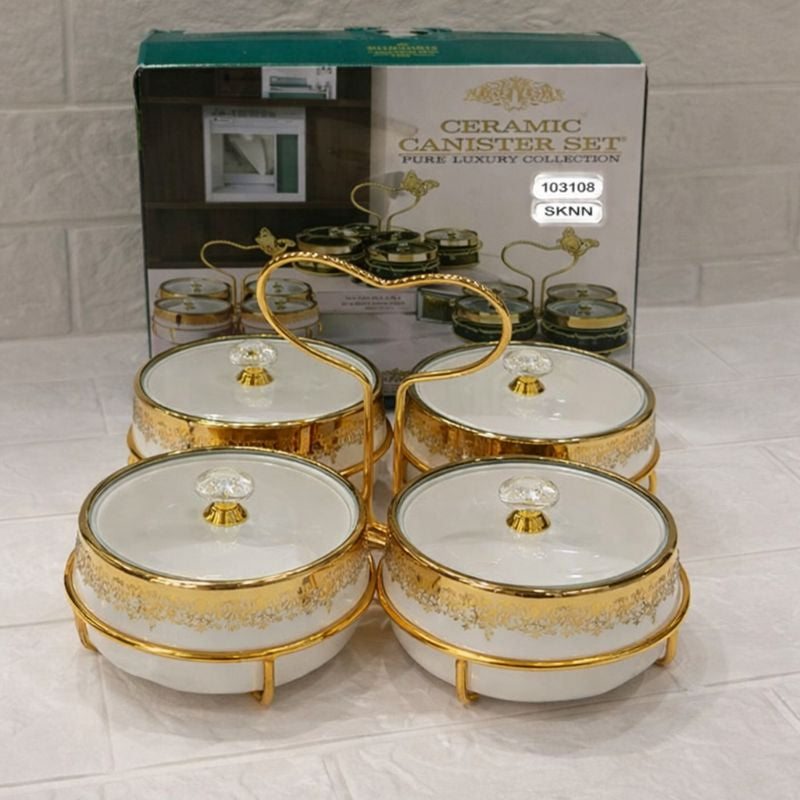 4-Compartment Luxury Gold Canister Set – Ceramic Jars with Heart Stand