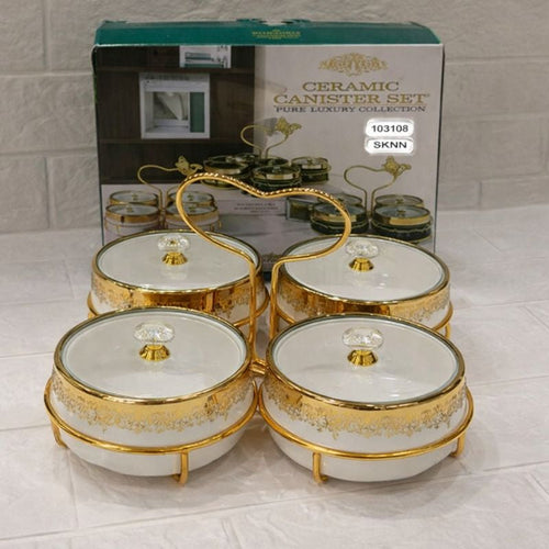 4-Compartment Luxury Gold Canister Set – Ceramic Jars with Heart Stand