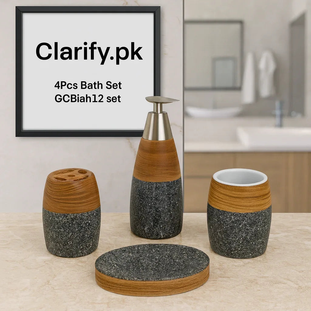 4Pcs Premium Bath Set – Wooden & Stone Finish Bathroom Accessories