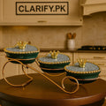Premium Heart Ceramic Jar Set – Golden Stand with Crown Tops