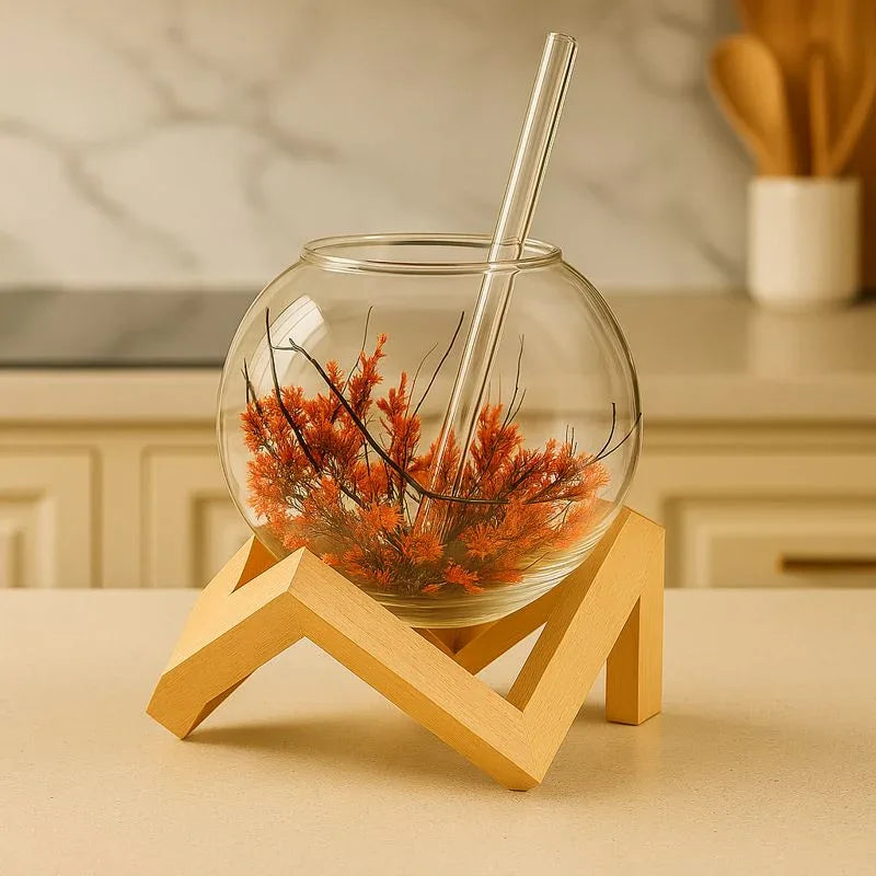 Aesthetic Lunar Glass Mug with Bamboo Stand – 250ml