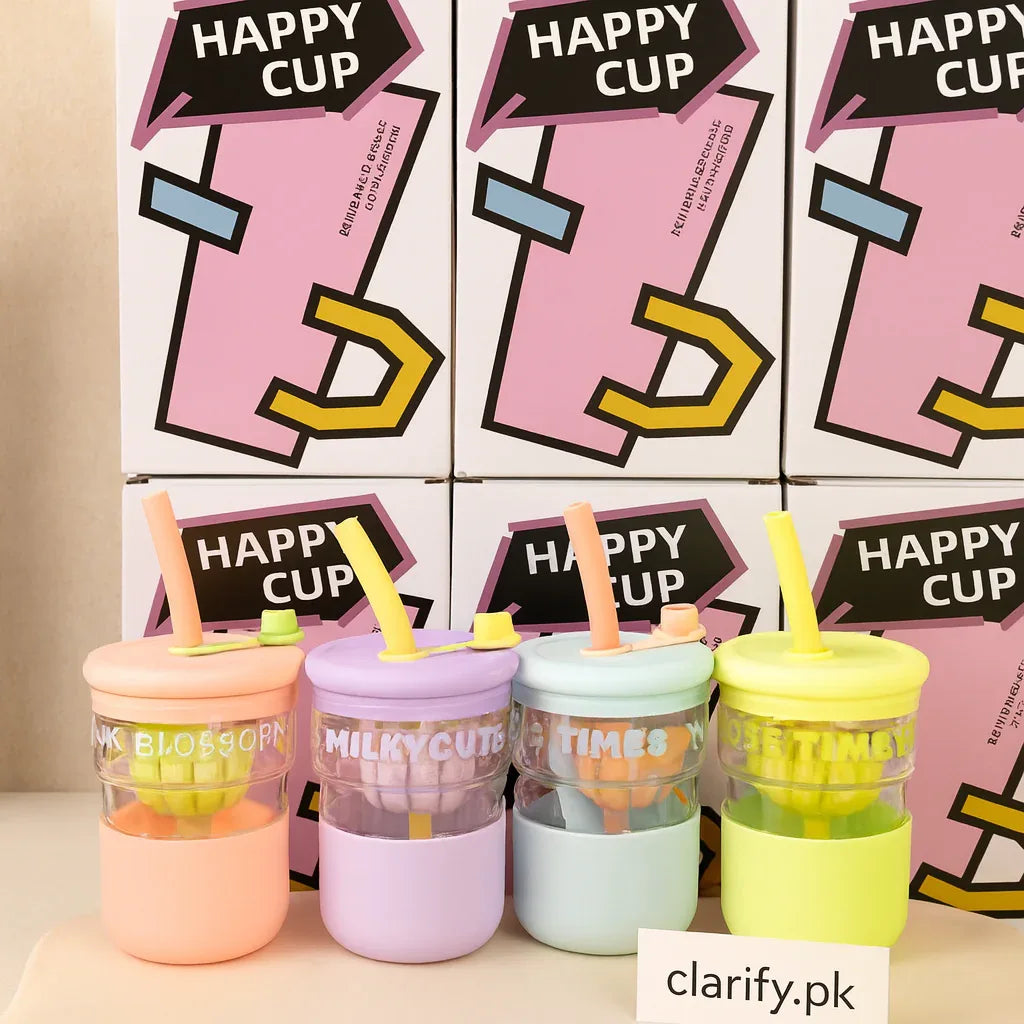 Happy Glass Cup with Flower Lid & Straw – Cute Portable Drinking Cup