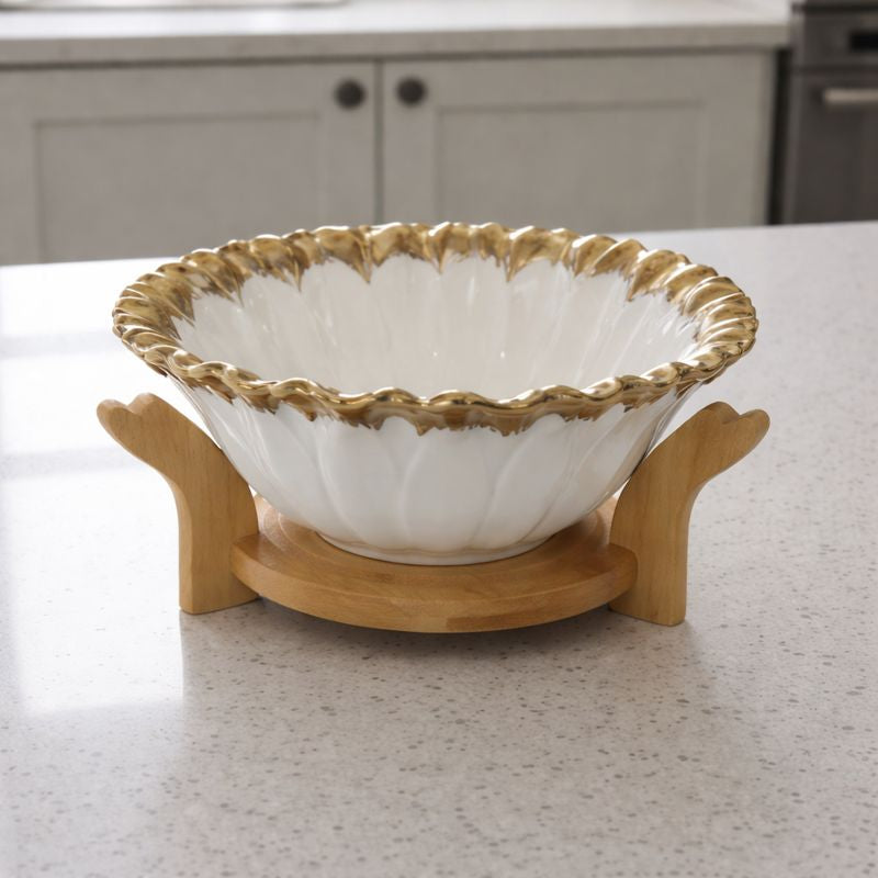 Premium Scalloped Gold-Trimmed Ceramic Fruit Bowl – 8" Aesthetic Centerpiece with Natural Wood Stand