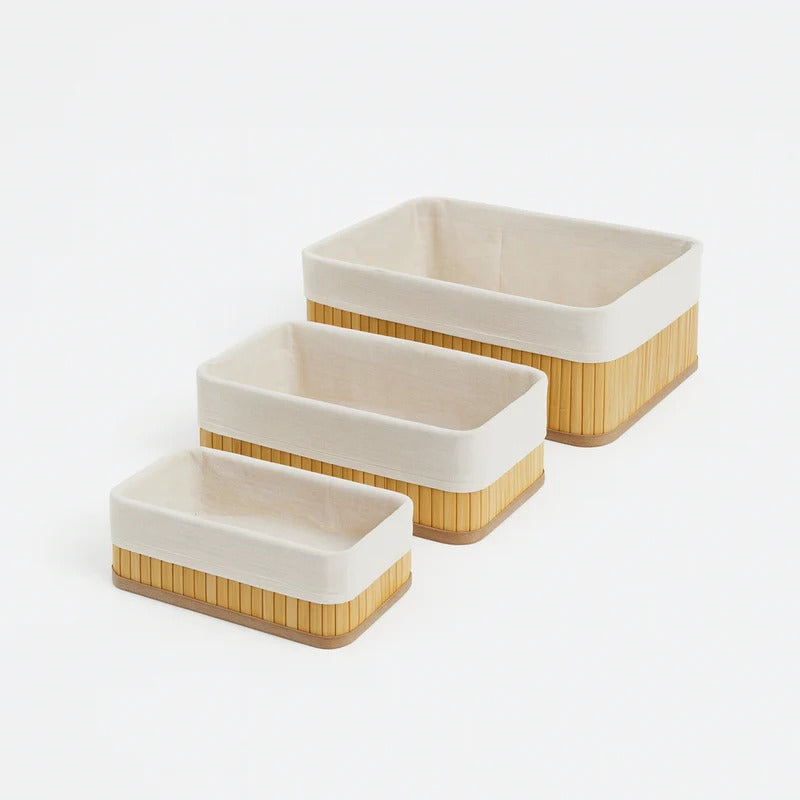 Multipurpose Bamboo Woven Basket Set with Removable Fabric Liners
