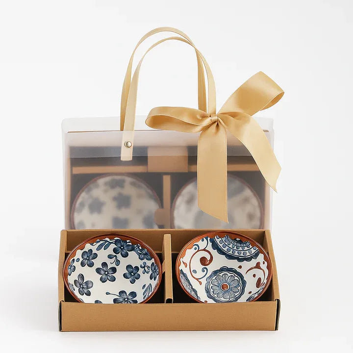 Japanese Style Ceramic Serving Bowls Set with Chopsticks - 2 Pieces Set