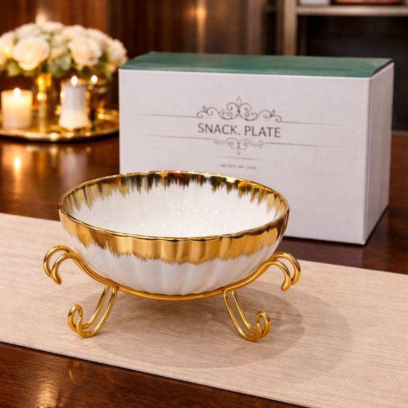 Luxury Gold-Trimmed Scalloped Ceramic Snack Bowl – Elegant Centerpiece with Golden Metal Stand