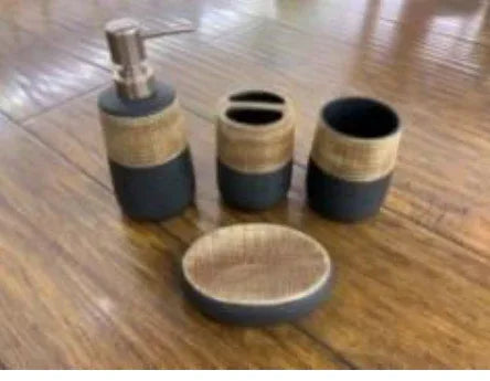 4Pcs Luxury Brown & Black Wooden Look Bath Set – Premium Bathroom Décor