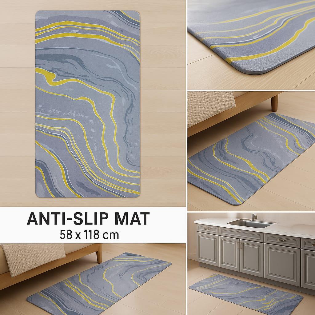 Anti-Slip Rubber Mat – Grey & Yellow Wave Print Floor Rug (58 x 118 cm)