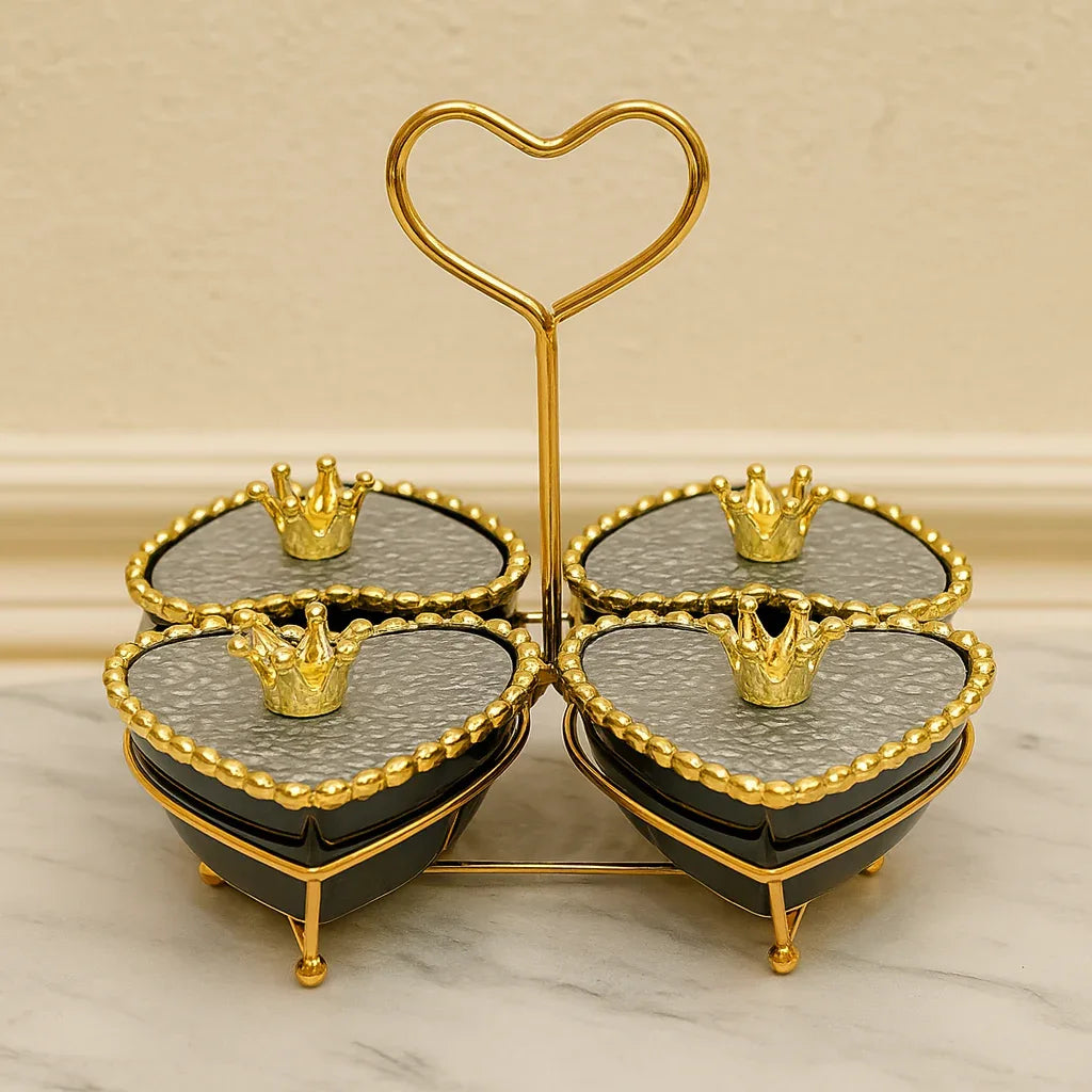Luxury 4 Pcs Ceramic Bowl Set – Golden Stand & Crown Lids