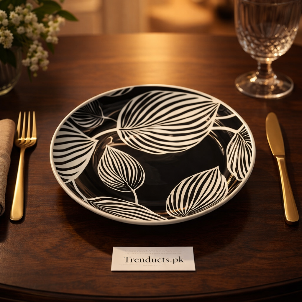 Danny Home's Modern Black & White Leaf Pattern Ceramic Dinnerware – Dessert Plate, Deep Plate, Salad Bowl & Bowl