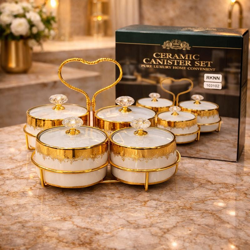4-Compartment Luxury Gold Canister Set – Ceramic Jars with Heart Stand