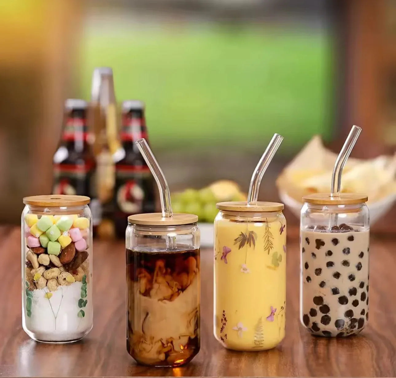Mason Jar with Wooden Lid & Straw – Round Glass Cup