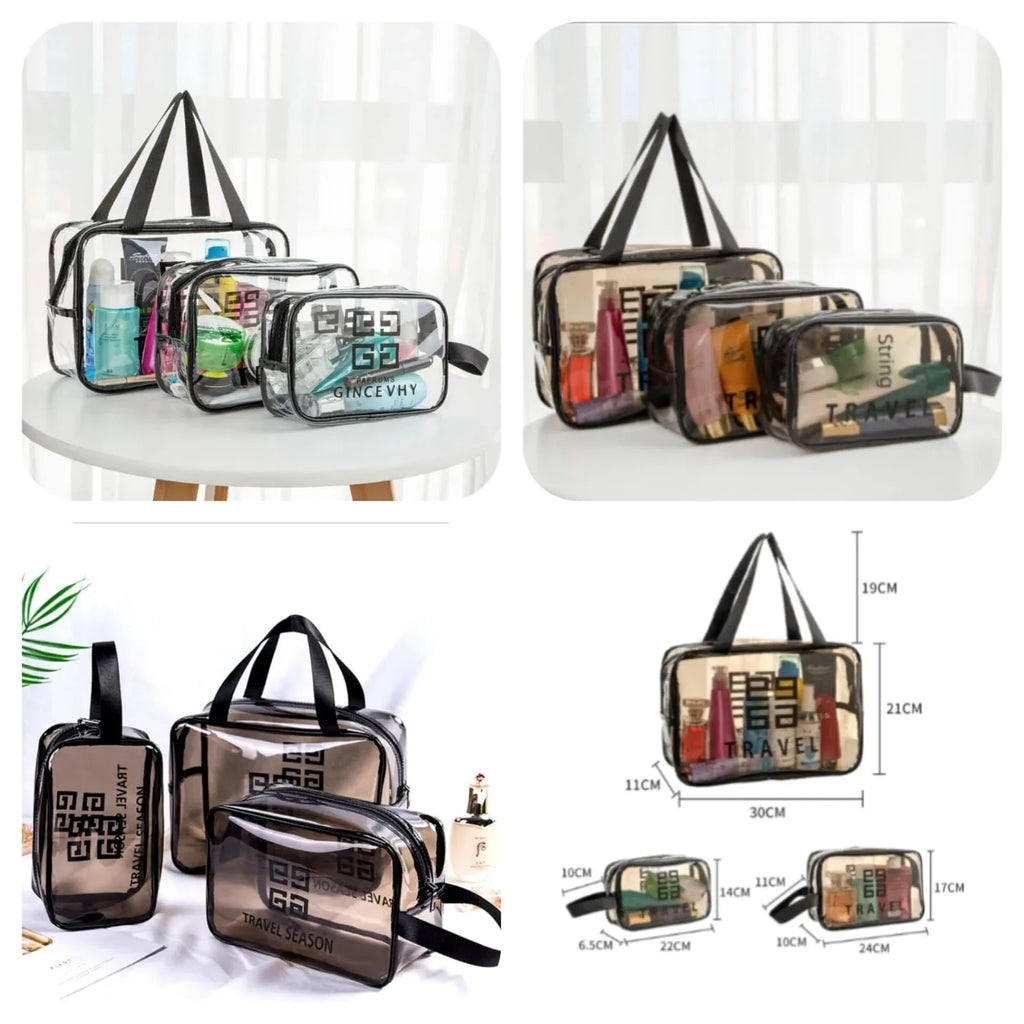 Pack of 3 Large PVC Transparent Cosmetic Bag – Waterproof Handheld Makeup Pouch