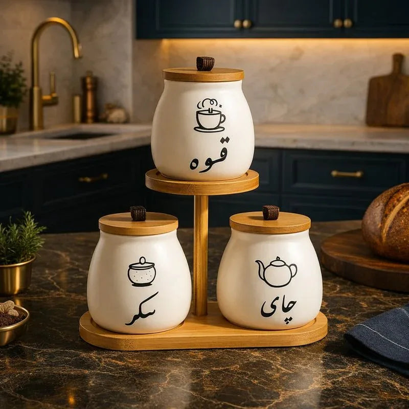 Arabic Tea Coffee Sugar Ceramic Canister Set with Wooden Rack