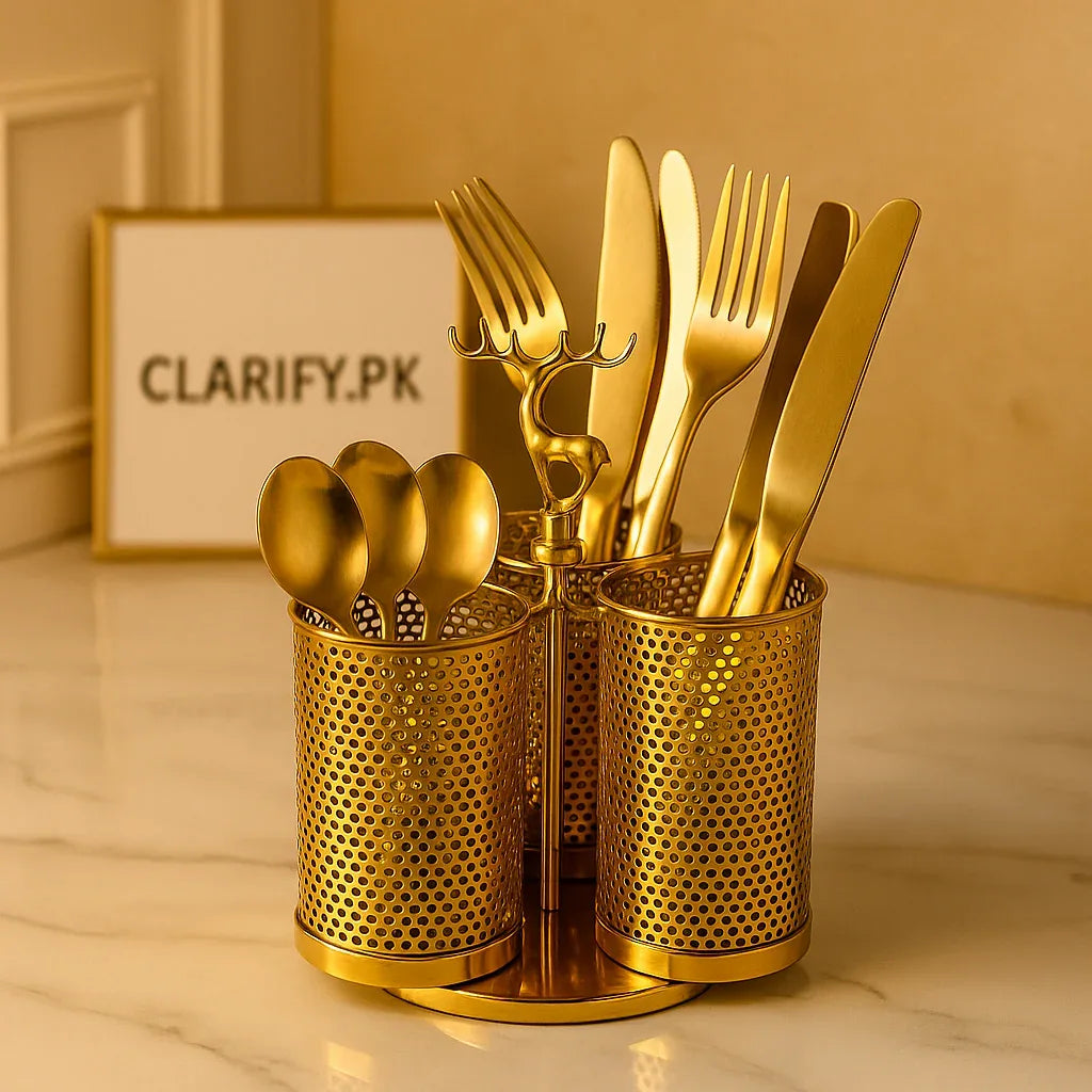 Golden Stainless Steel Cutlery Holder – 3-Section Organizer with Deer Handle