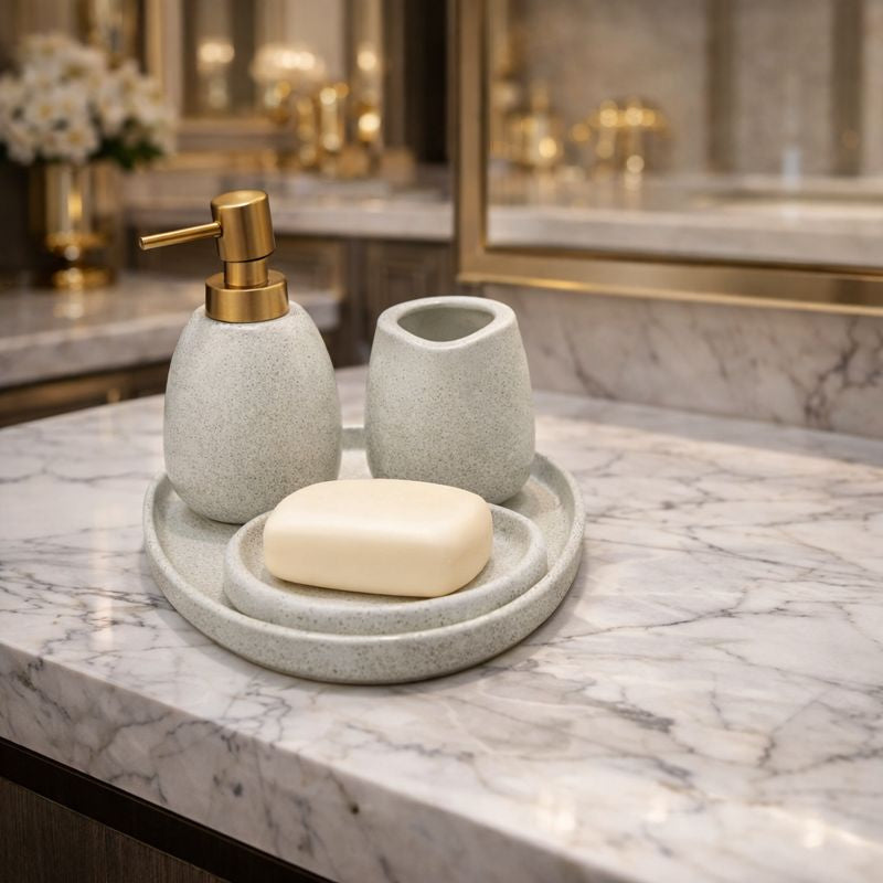 Luxury 4-Piece Stone-Textured Ceramic Bathroom Set – Modern Minimalist Set with Gold Pump