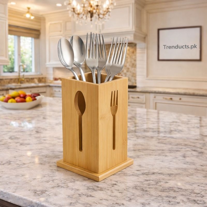 Spoon-Embossed Wooden Cutlery Holder – Handcrafted Tabletop Organizer