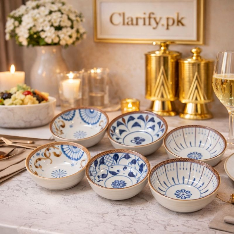 Premium 6 Pcs Blue Pattern Ceramic Serving Bowls - Japanese Style