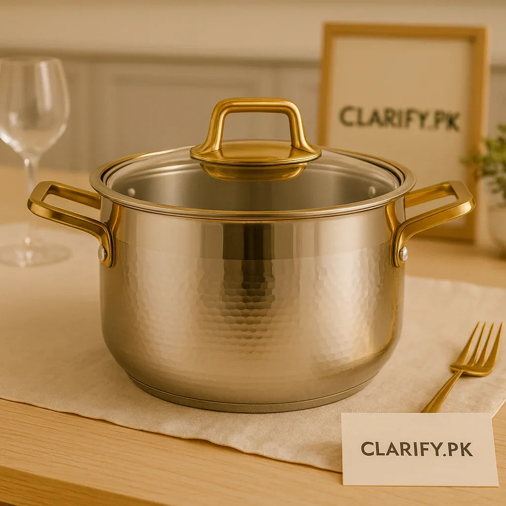 Premium Stainless Steel Cook Pot – Elegant Golden Handle Kitchenware