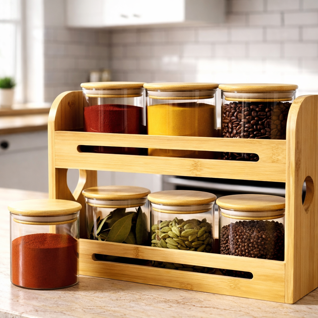 Premium 6pc Glass Spice Jar Set with Bamboo Stand - Culinary Curator