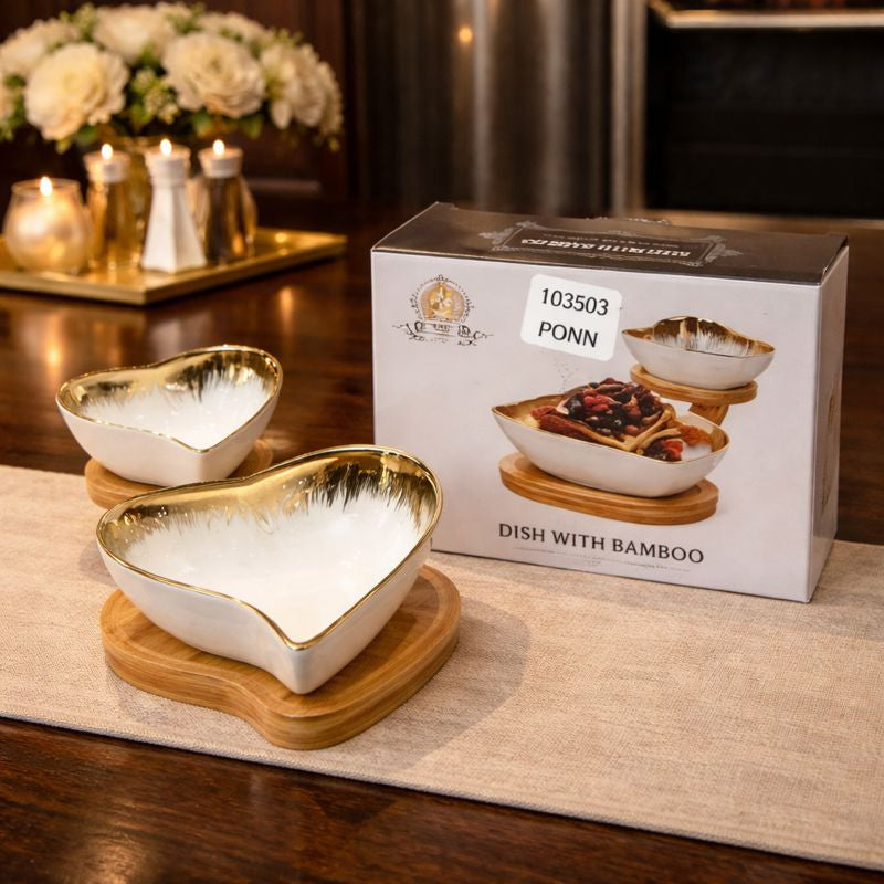 Heart-Shaped Gold-Rimmed Ceramic Serving Set – 2-Piece Aesthetic Snack Bowls with Natural Bamboo Bases