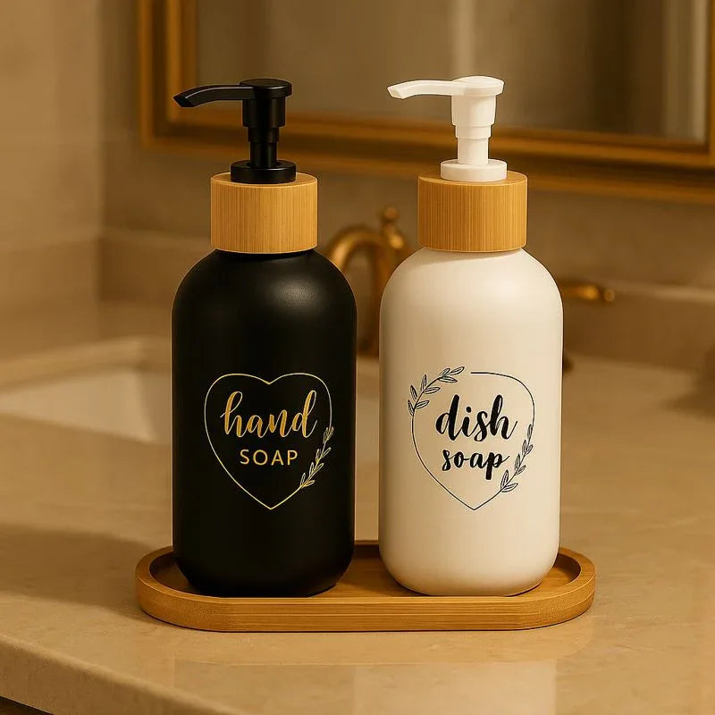 Modern Hand & Dish Soap Dispenser Set with Wooden Base