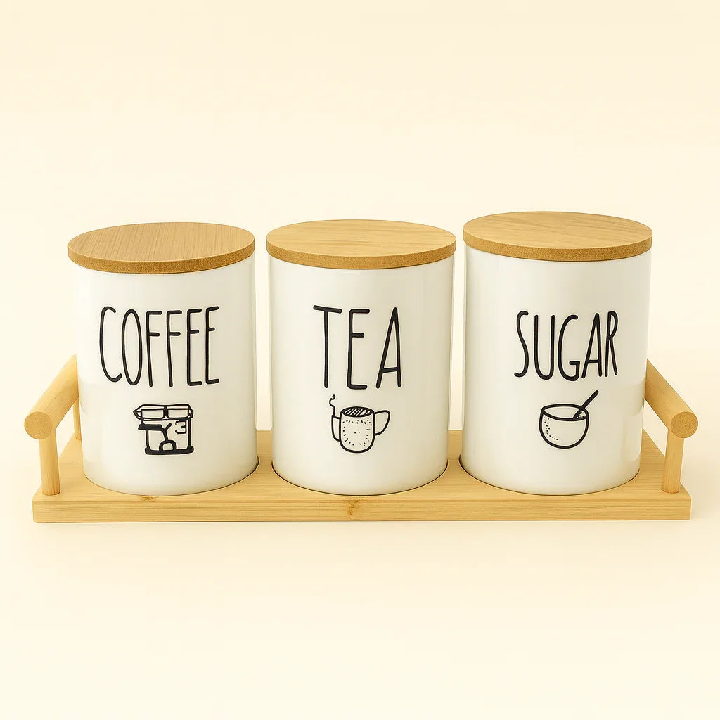 Minimal Ceramic Coffee Tea Sugar Storage Set with Bamboo Base
