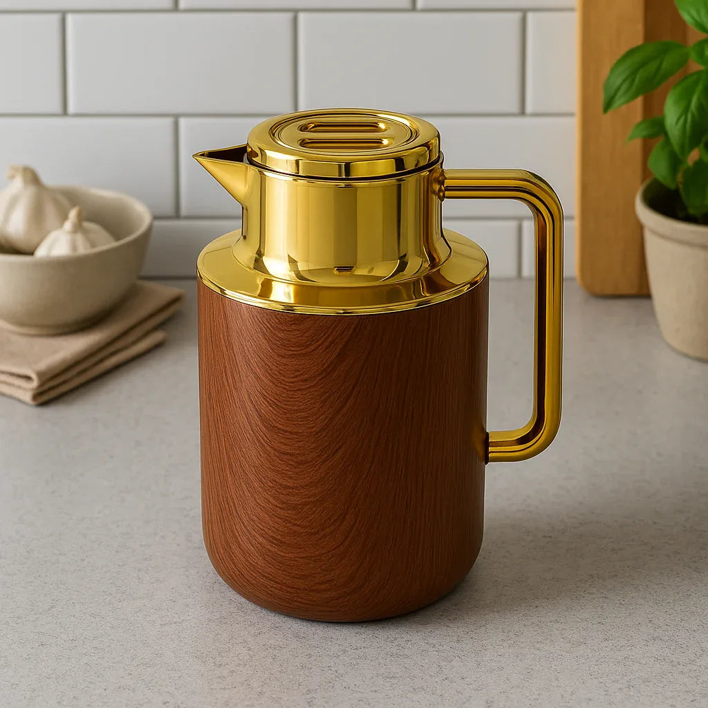 Luxury Wooden Finish Thermos Flask with Golden Lid (1liter)
