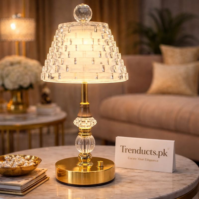 Luxury LED Crystal Bell Electric Lamp - Modern Tiered Glass Table Light with Gold Base