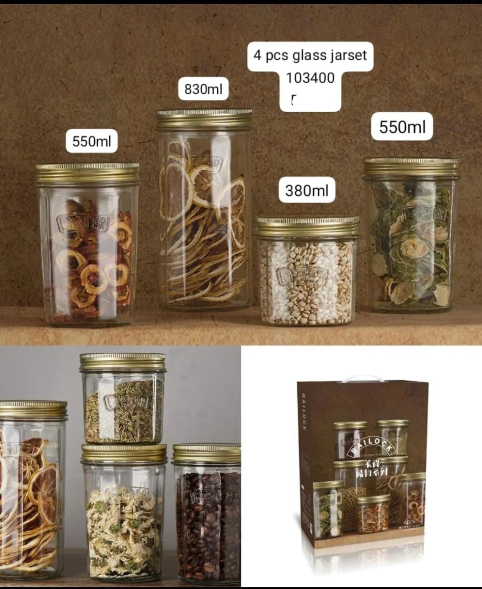 Premium 4-Piece Airtight Glass Storage Jar Set with Metal Lids