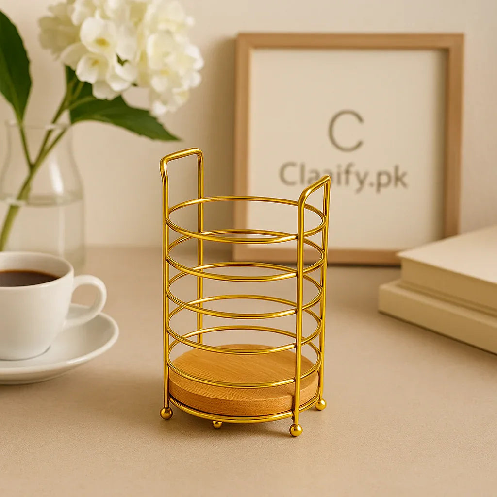 Golden Holder with Wooden Base