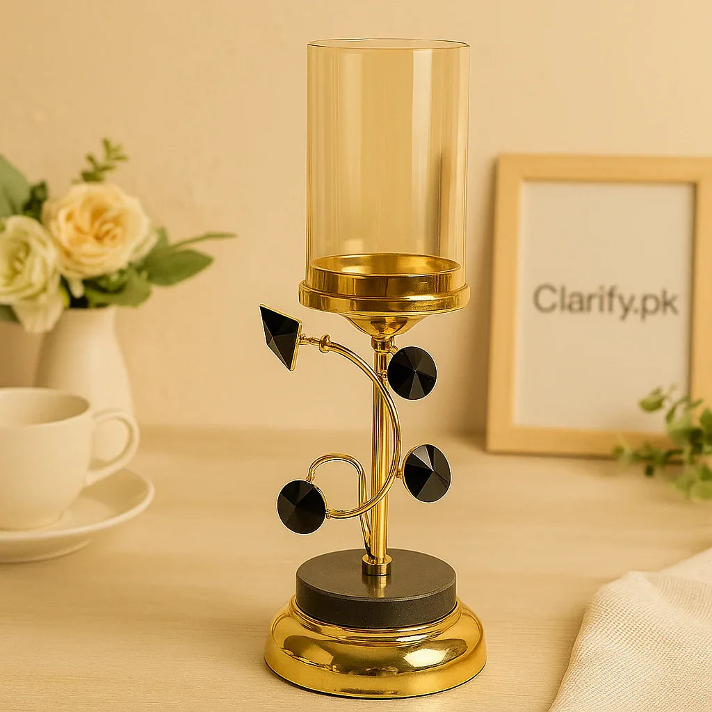 Geometric Gold Candle Holder – Black Crystal Accent Decor Stand